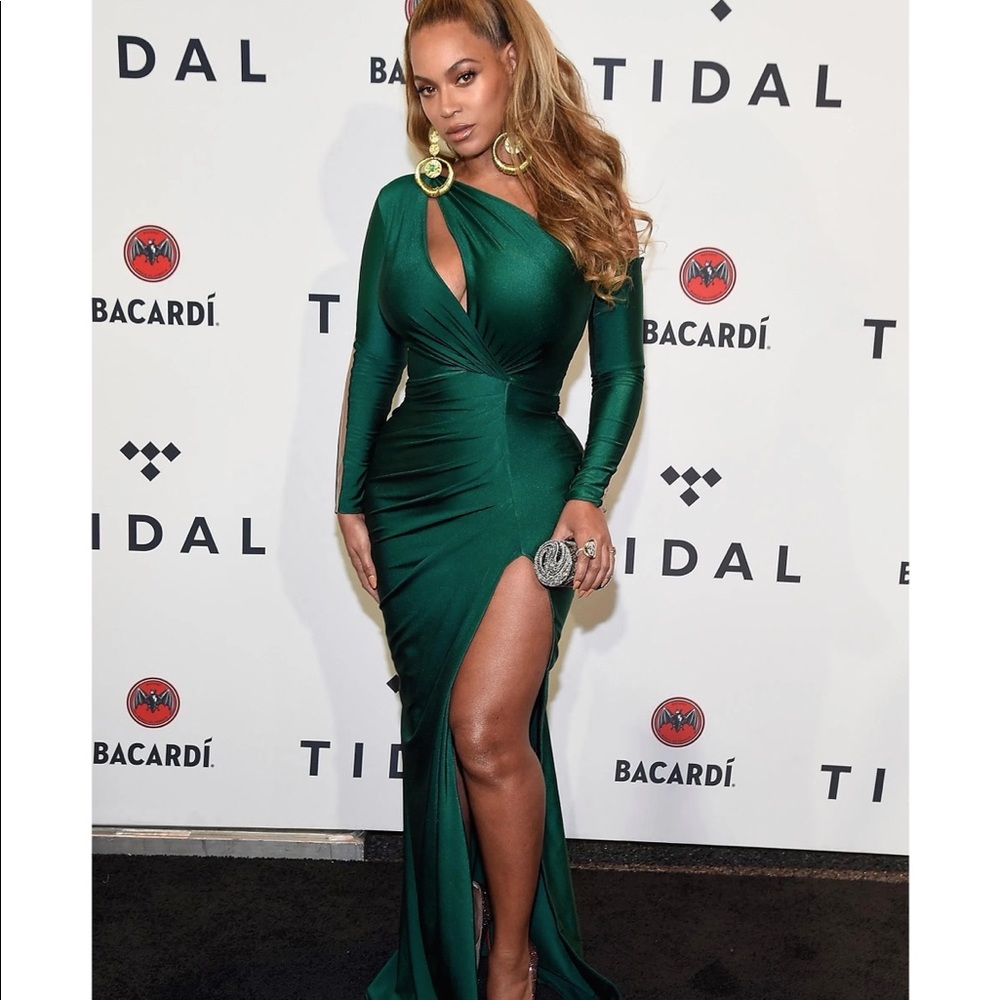 Green Beyoncé Inspired Plus Size High Slit Gown